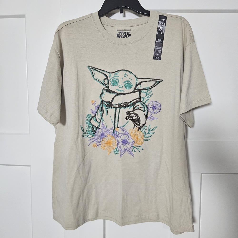 Star Wars Women's Embroidered Baby Yoda Tan Ivory Tee Shirt Sz 2X NWT Yoda